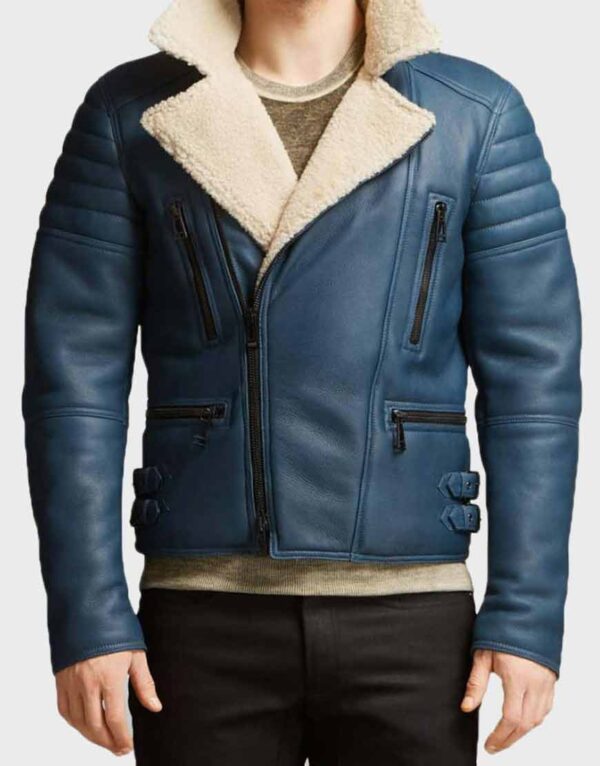 Mens Blue Shearling Leather Jacket