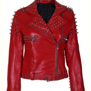 Red Spike Studded Leather Jacket