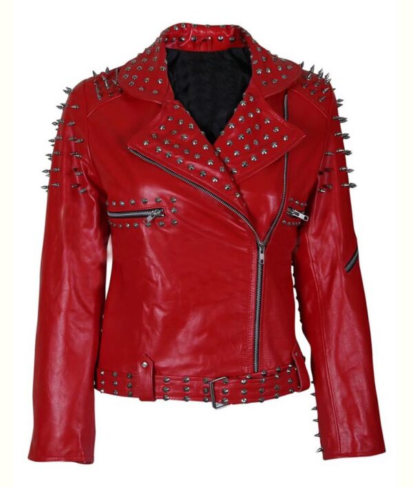 Red Spike Studded Leather Jacket