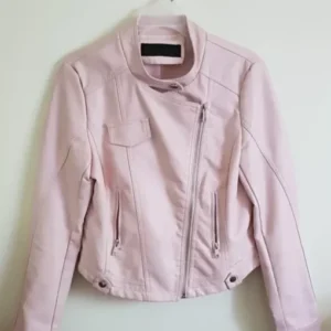 Casual Spring Slim Faux Ladies Pink And White Leather Jacket