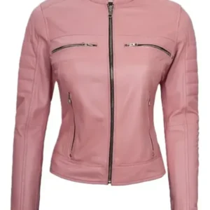 Pink Leather Motorcycle Jacket Women Cafe Racer Striped Biker Stand Up Collar