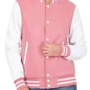 Pink And White Varsity Bomber Leather Jacket